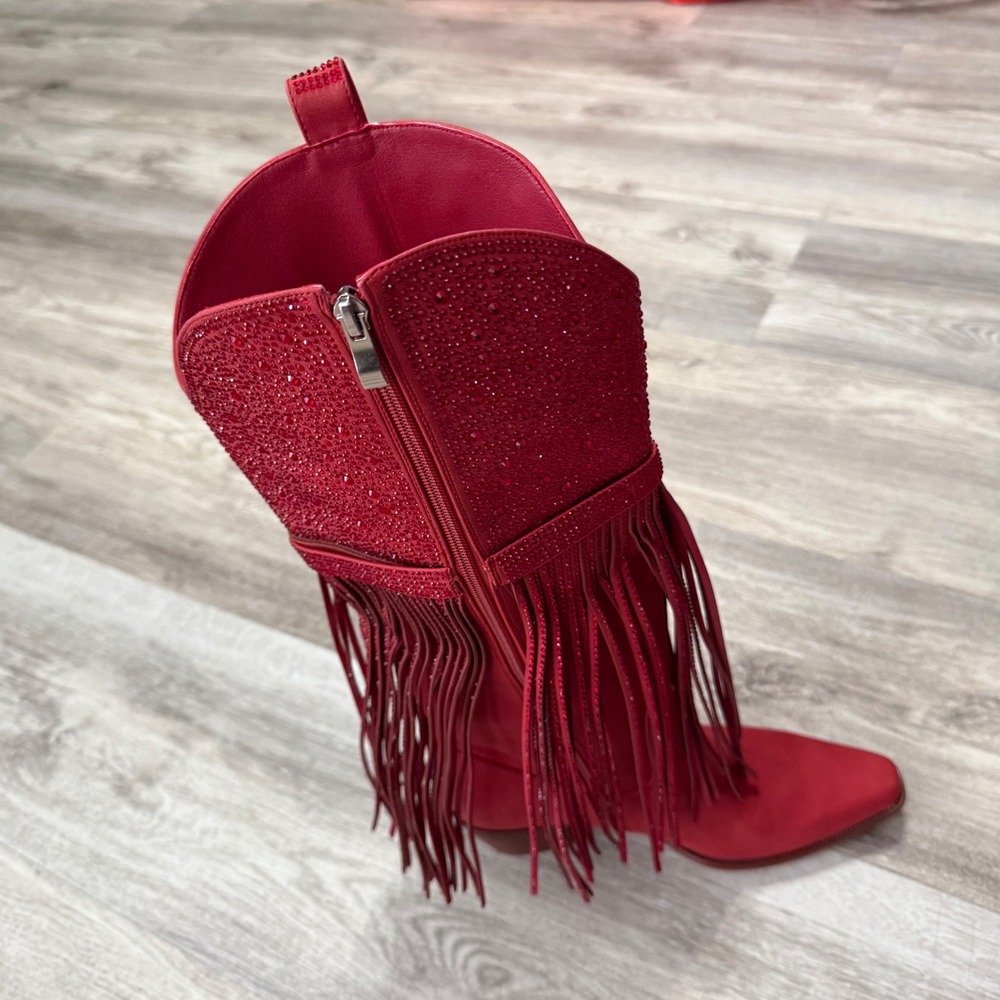 Red Rhinestone Fringe Western Cowgirl Boots Pointed Toe Block Heel Size 8 - Picture 2 of 11